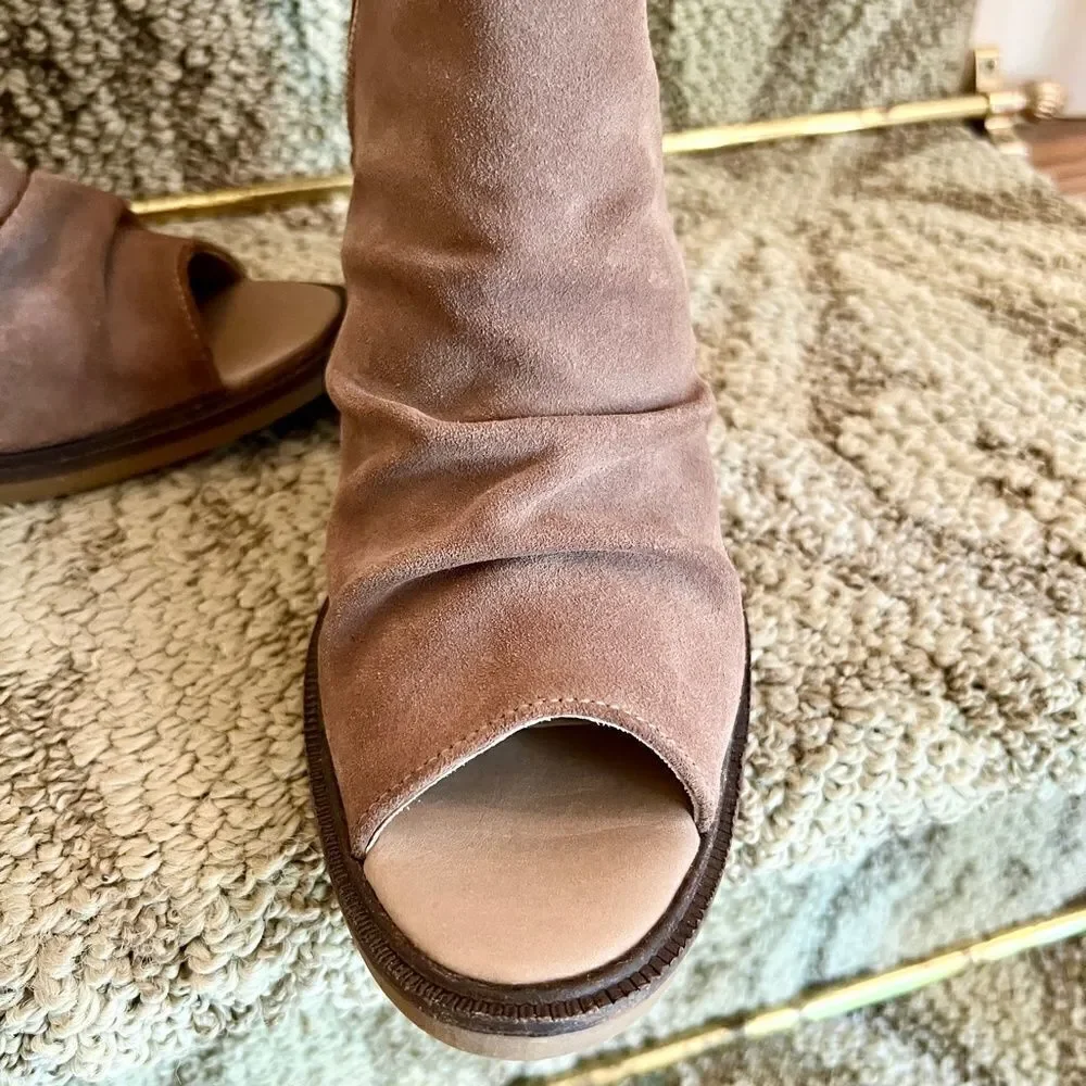 Bos. & Co. Celine Suede Open Peep Toe Boots Bootie in Taupe Size 37 or 7 EEUC